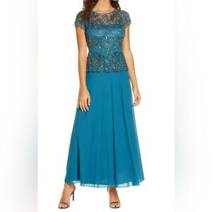 Teal dress, cap sleeves, gold/bronze/brownish sequins, built in slip skirt.